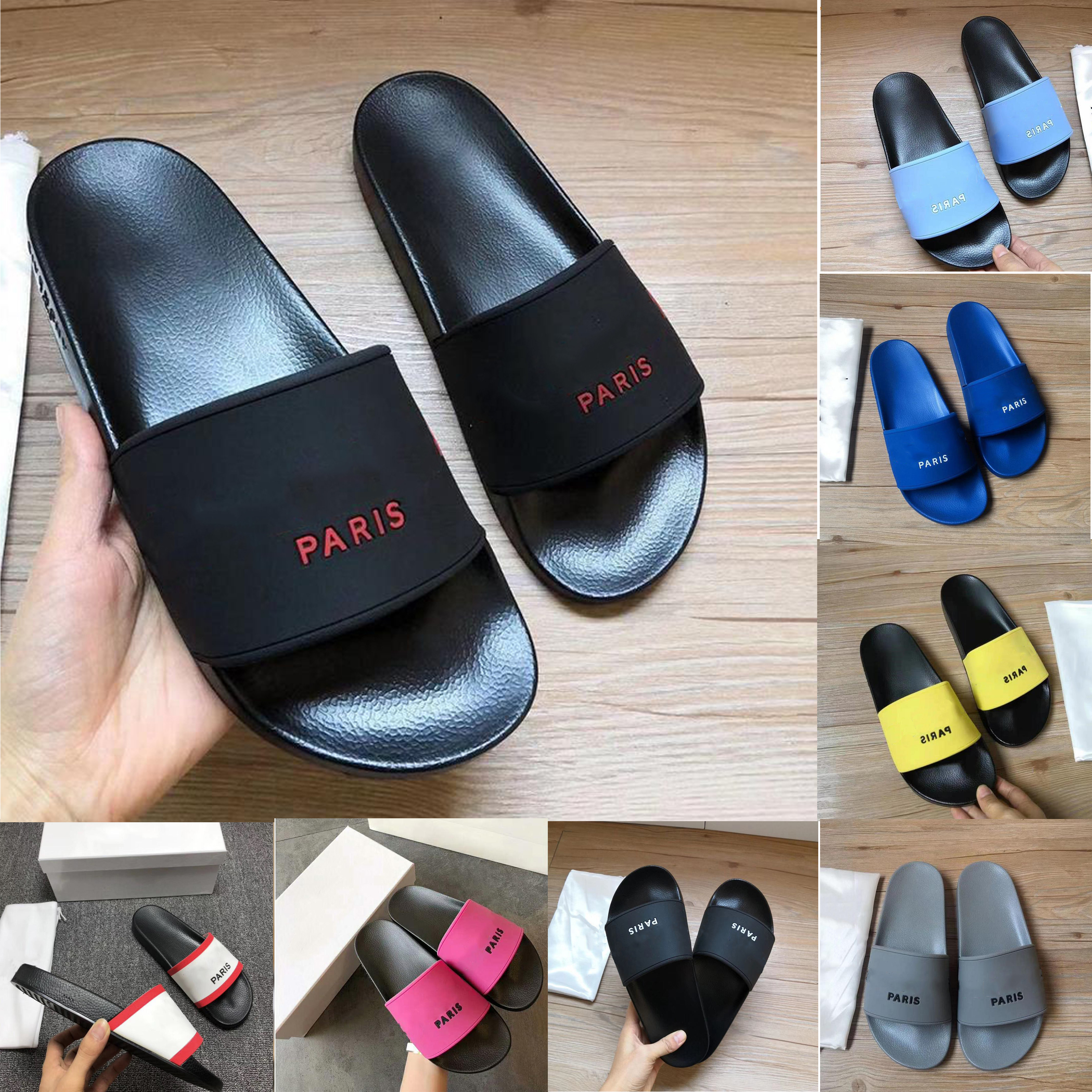 

Mens Womens TOP Paris Sliders Sandals Beach Slippers Summer home Flip Flops Loafers Black White Red Rubber Slides Chaussures Slide Indoor Shoes Size 36-45 With Box, With 2 box