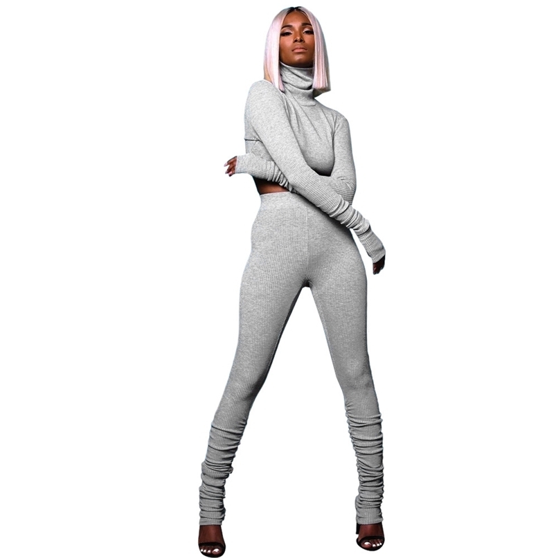 

Autumn Winter Knitted Tracksuit Womens Two Piece Outfits Turtleneck Long Sleeve Crop Top Tunic Skinny Pencil Pants Trousers Sets 210525, Black