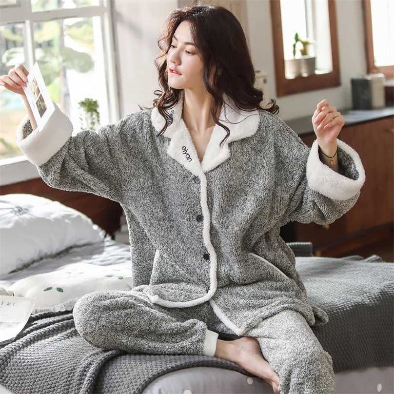 

2 Pieces Winter Women Pajamas Set Thicken Warm Soft Flannel Sleepwear Lapel Buttons Female Homewear Plus Size Pyjamas 211106, Colour6