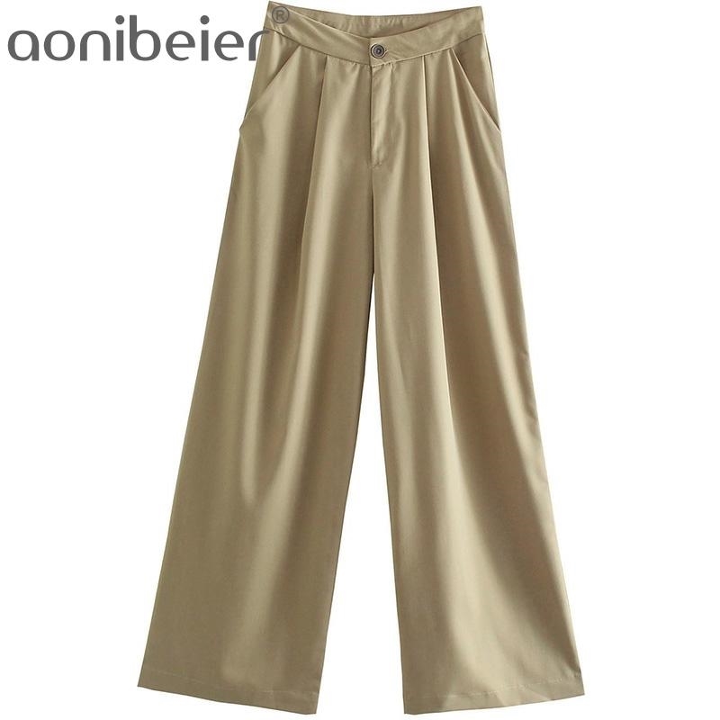 

Fashion Solid Women Trousers Suit Pants Spring Summer High Waist Casual Female Folds Detail Wide Leg 210604, Coffee shirts