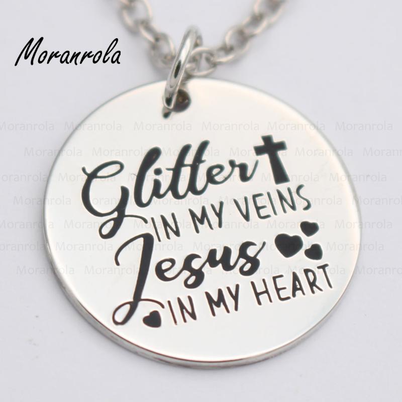 

Pendant Necklaces Arried "Glitter In My Veins Jesus Heart " Copper Necklace Keychain,charm Hand Stamped Bible Religious Christian