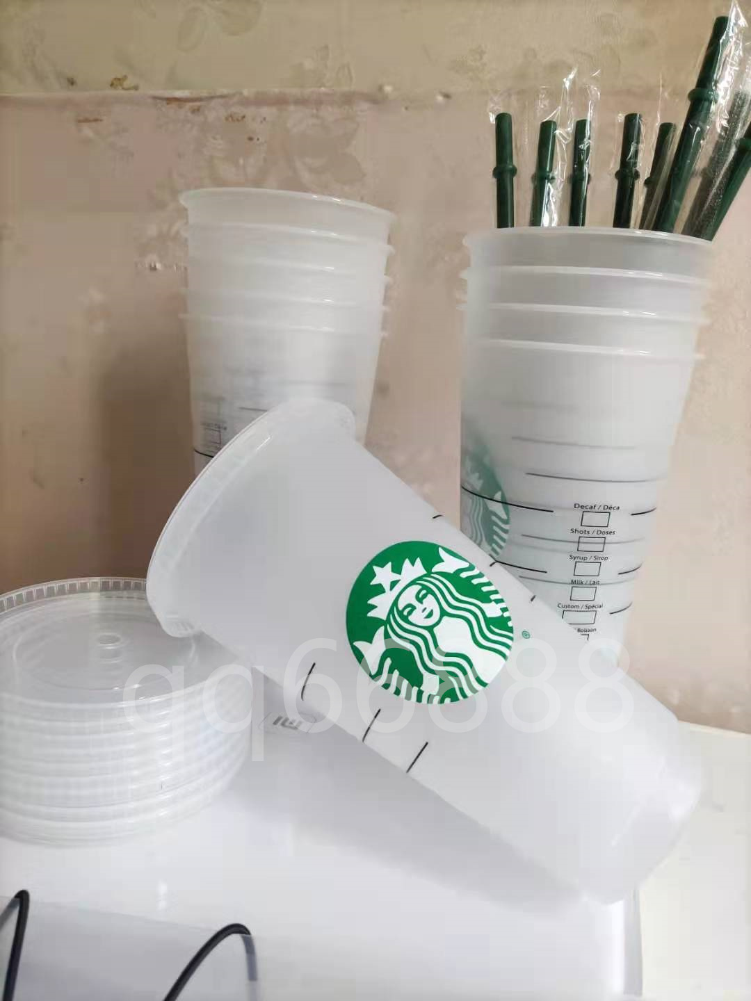 

Starbucks 24OZ/710ml Plastic Tumbler Reusable Clear Drinking Flat Bottom Cup Pillar Shape Lid Straw Mug Bardian, 5pcs