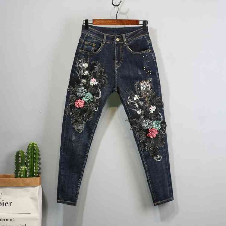 

women's jeans denim pants, autumn and winter fashions, flower-embroidered jeans, slim, elastic student 2hjz, Blue