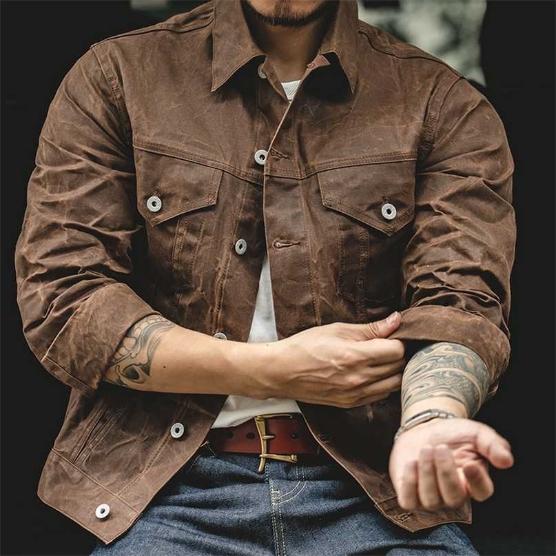 

Maden Amekaji Retro Male Oil Waxed Canvas Cotton Jacket Khaki Military Uniform Light Casual Work Safari Style Coats Man Clothing 211110