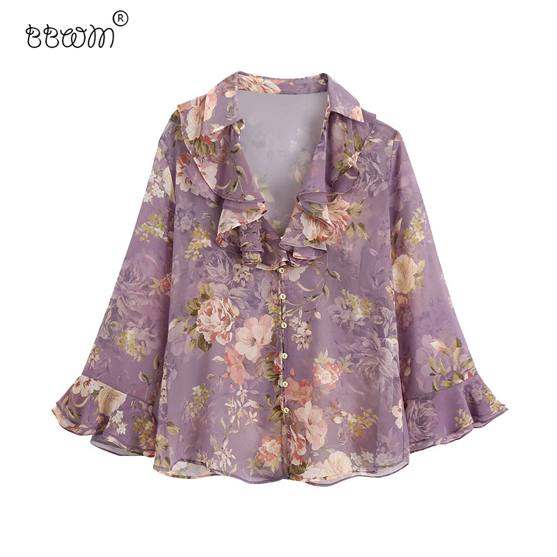 

Women Fashion See Through Floral Print Ruffles Blouses Vintage V Neck Long Sleeve Shirts Female Chic Tops 210520, As picture