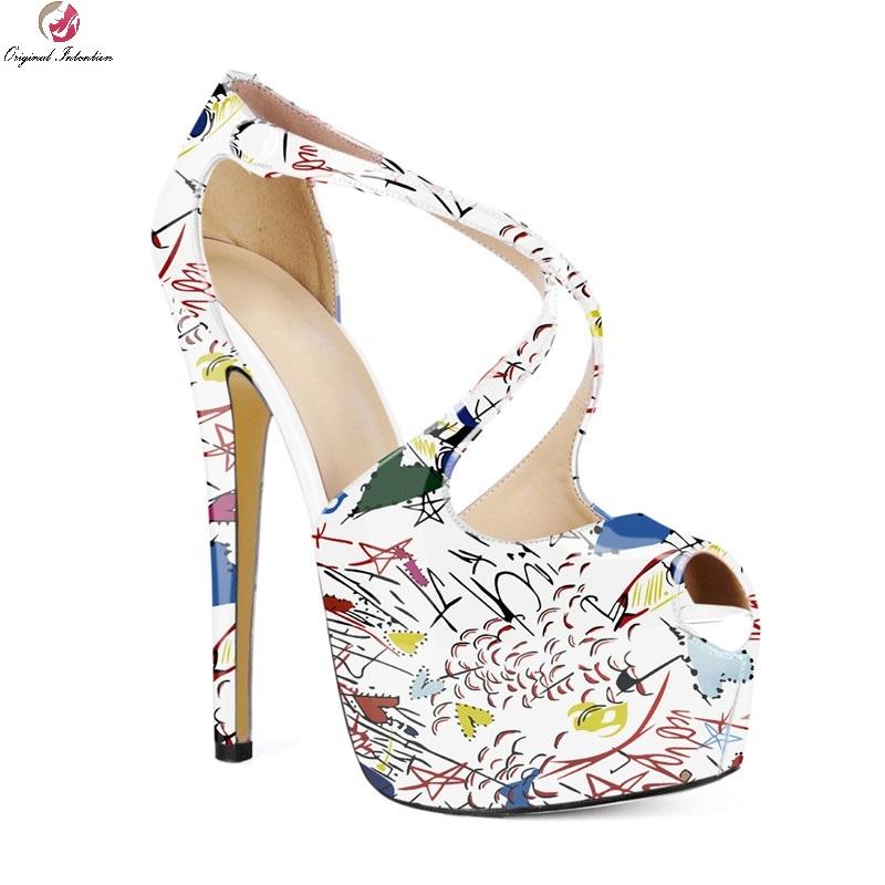 

Women Sandals Thin High Heels Pumps Fashion Platform Graffiti Black White Peep Toe Stiletto Plus Size 34-46 Ladies Shoes Dress