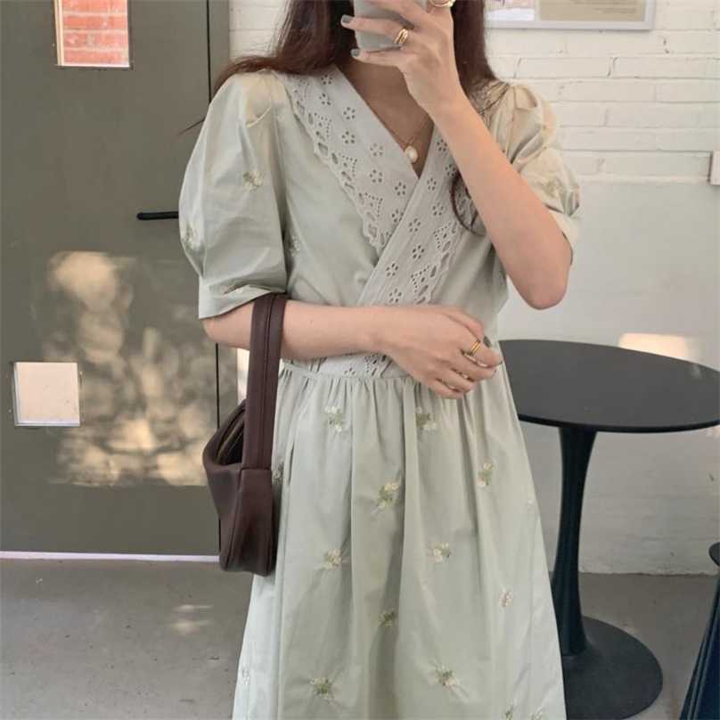 

Minimalist V-Neck Summer Lace-Up High Waist Girls Short Sleeves A-line Vintage Florals Long Dresses Vestidos 210525, Blue