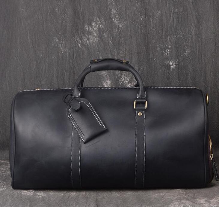 

Top quality Men Duffle bag 50 55cm Genuine Leather Travel Hand Luggage Handbags Large Cross body Totes suitcase With lock key duffel Bag, Black plaid