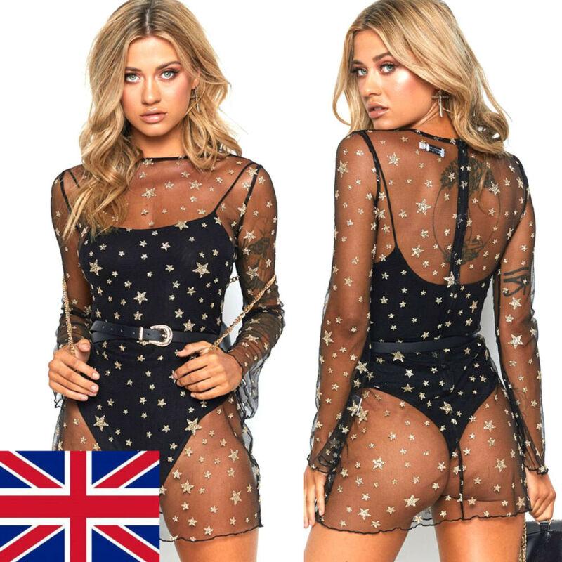 

Women Swimwear Cover Ups Stars Sheer Mesh See Through Shirt Dress Summer Beach Bikini Up Sarongs