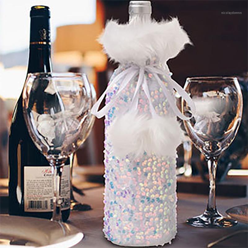 

Christmas Decorations Ornament Sequin Wine Bottle Covers Solid Sleeve Plush Beam Xmas 2022 Home Dinner Party Table Decors