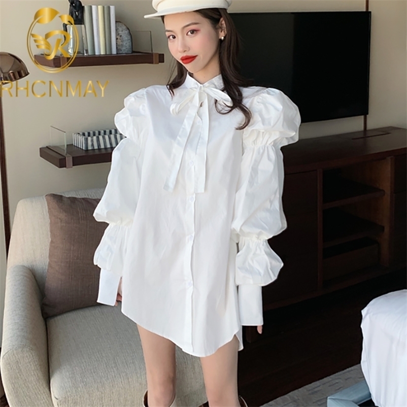 

Korean Loose Style Office Shirt Summer Women White Long Lantern Sleeve Bow Casual Lapel Collar Femme Dress 210520
