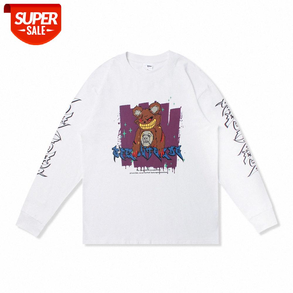 

Dark black printed long-sleeved T-shirt men's American loose round neck top lazy style pullover bottoming shirt #lq7d, White;black