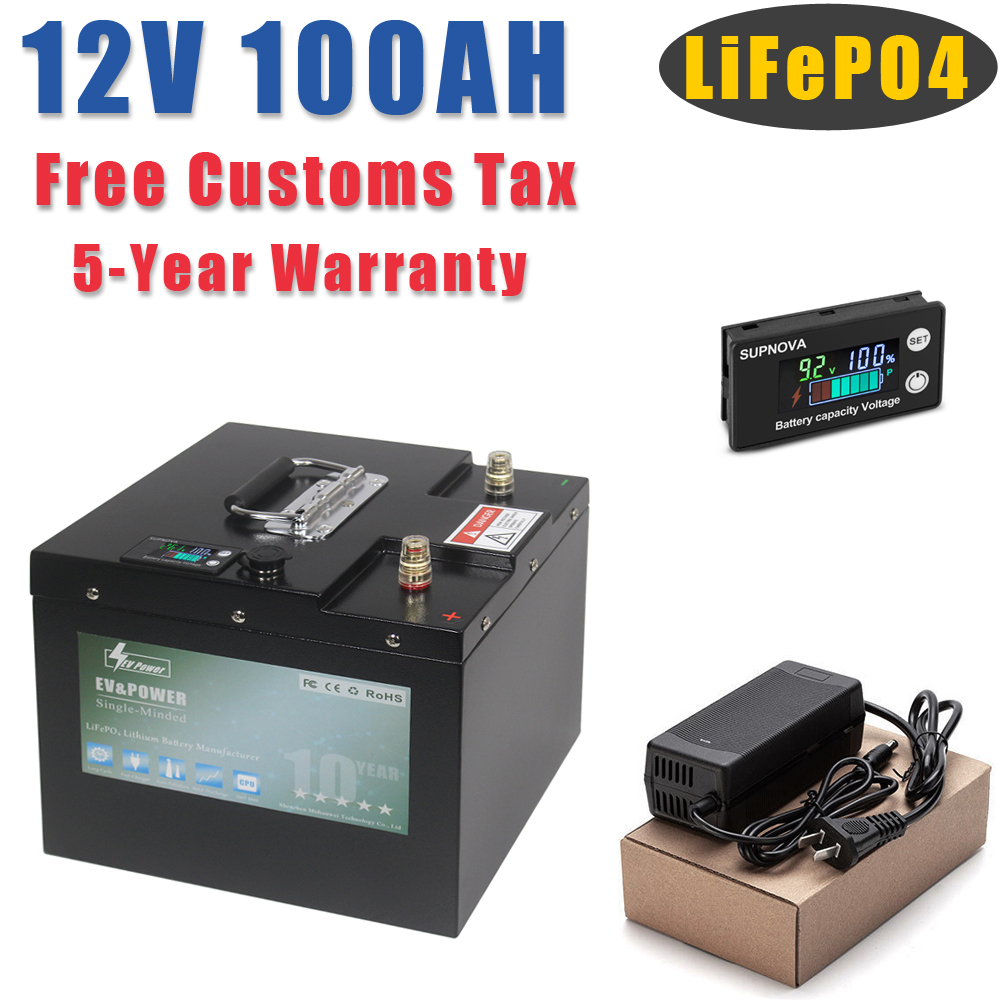 

12V 100AH LiFePO4 Battery Pack 12.8V Lithium Iron Phosphate Cell Bulit-in BMS For RV Solar Storage Boat Motor EU US TAX Free