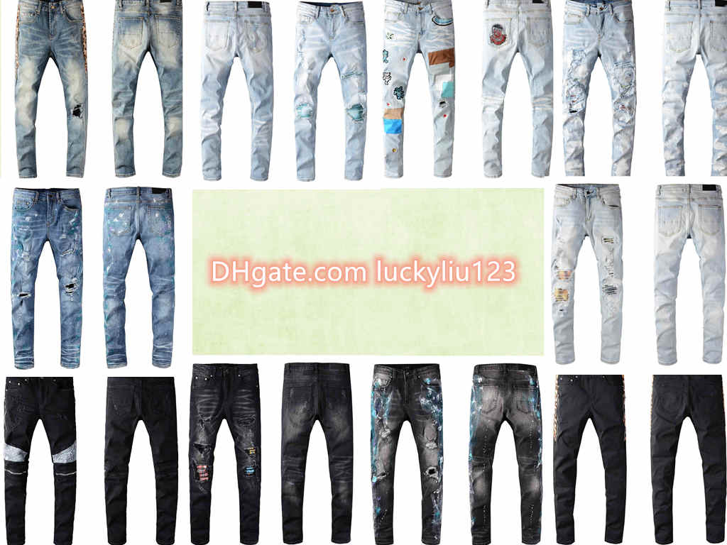 

2021 men jeans tide brand high street fashion spring and autumn tattered men's slim washed jeans's black paint spray tight stretch, Blue
