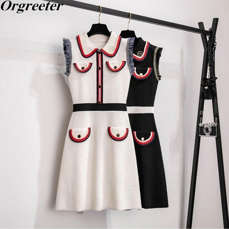 

Retro Peter pan collar Embroidery Sleeveless Knitted Tank Dress Female Summer Striped Tassel Patchwork Mini Sweater 210525, Black