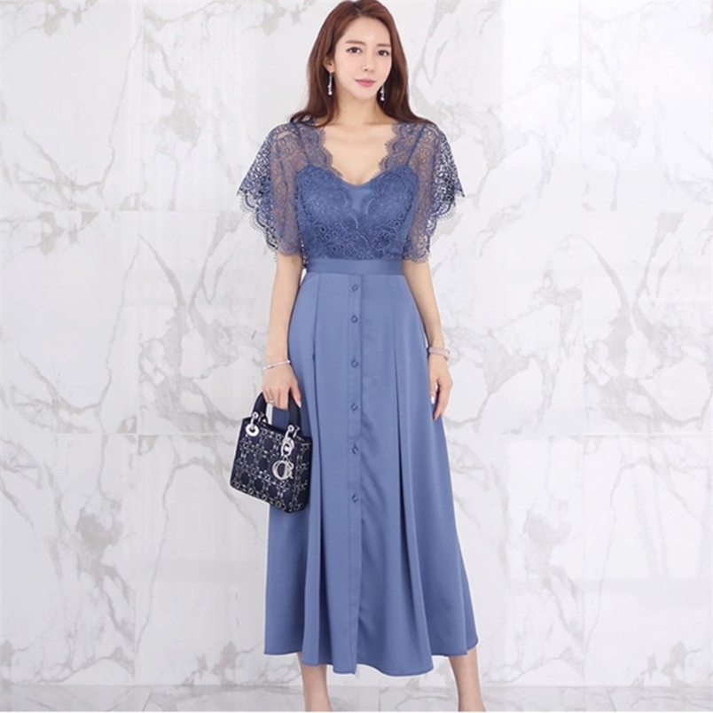 

Summer Elegant Vintage Lace Patchwork Dress fashion Women OL office work Sexy V-Neck Single-breased Long Dresses Vestidos 210519, Picture color