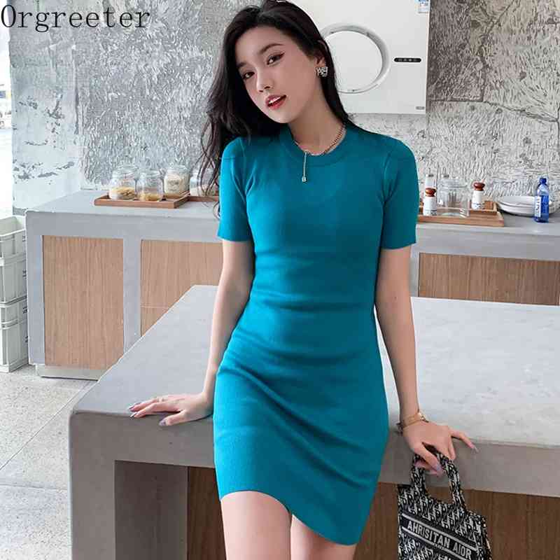 

Summer Solid O-neck Short sleeve All-macthing Knitted Dress for Women Fall Stretch Bodycon Mini Bottoming Sweater 210525, Black