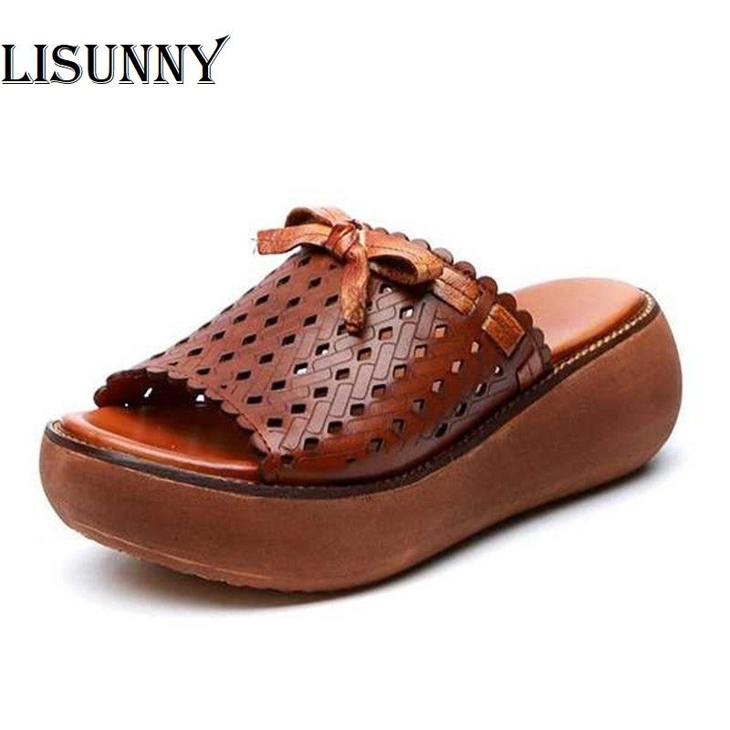 

Slippers Women 2021 For Genuine Leather Platform Casual Bow Retro Open Toe Sandals Shoe, Black