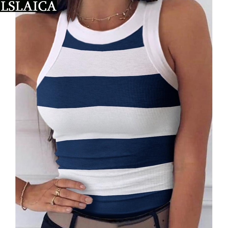 

Tank top women sleeveless striped patchwork slim casual daily round neck knitted office club clothes 210520, Blue