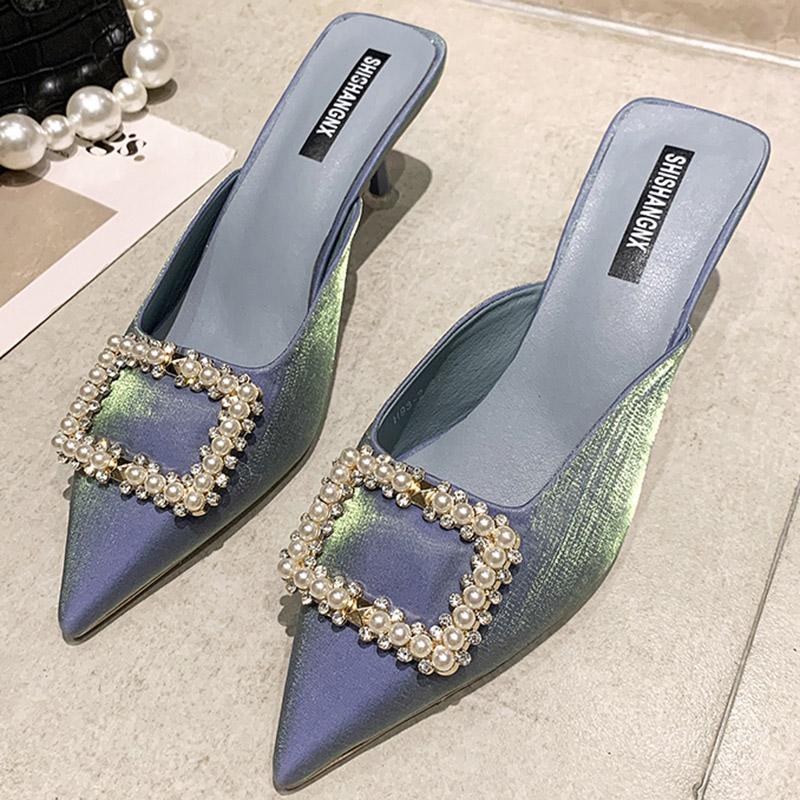 

Luxury Women Mules Slippers Orange Blue Medium Heels Sandals Summer Crystal Thin High Slip On Slides Outdoor Shoes, Black