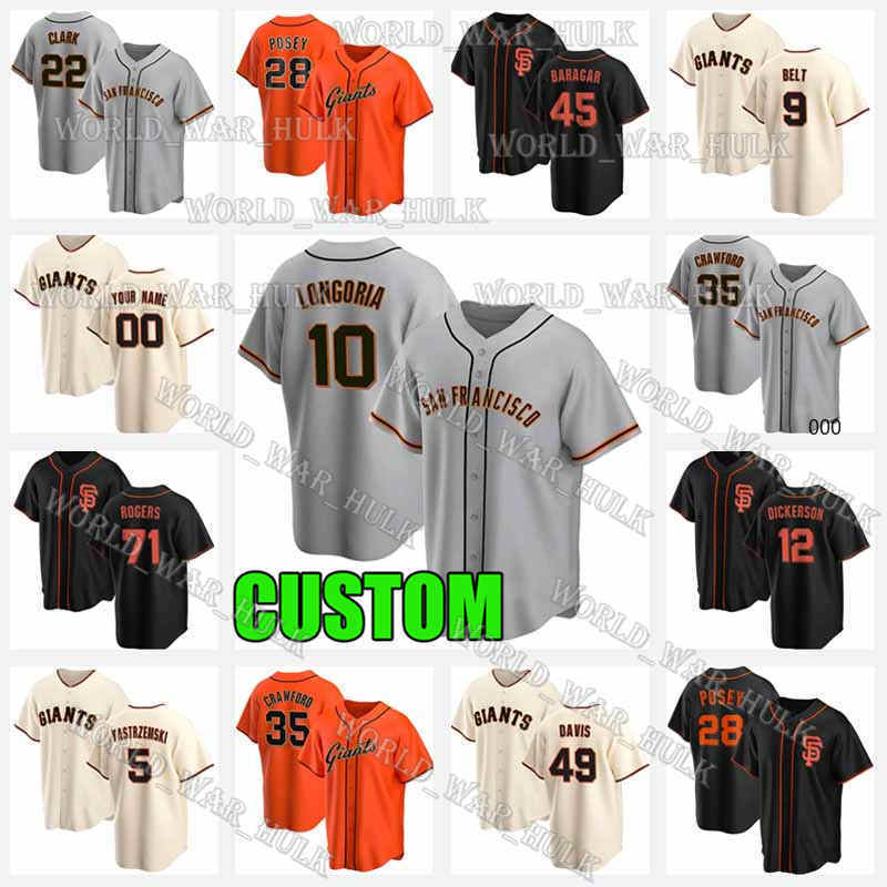 

San Francisco 28 Buster Posey Giants Jersey 35 Brandon Crawford 45 Caleb Baragar 10 Evan Longoria 22 Will Clark Madison Bumgarner Custom, Blue;black