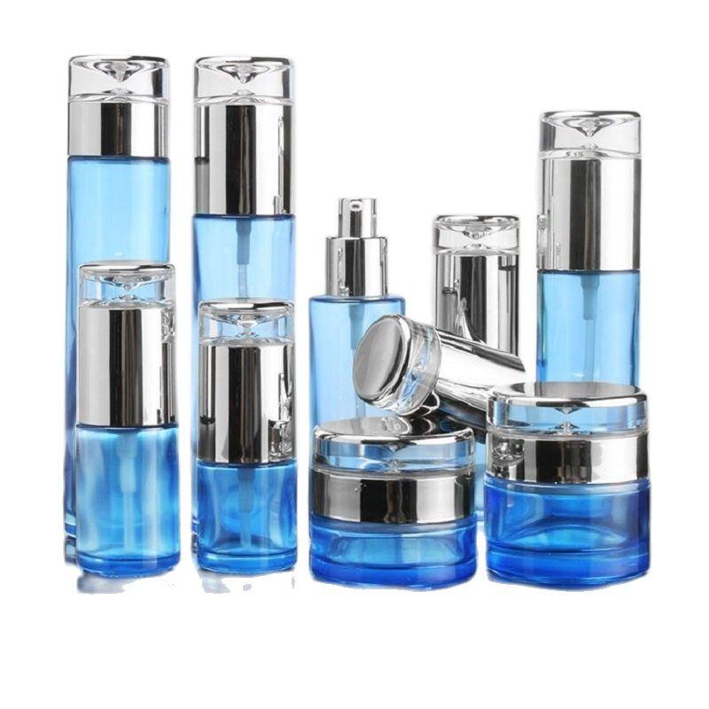 

Storage Bottles & Jars 20~120ML Perfume Mist Spray Blue 30/50G Glass Cream Jar Silver Drop Cap Oil Serum Refillable Emulsion Lotion Pump Bot