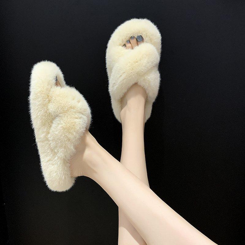 

Furry Slides Cross Fur Women Slippers Winter Plush Shoes Fluffy Woman Flats Plus Big Size 6 Colors Keep Warm Designer 2021, Khaki