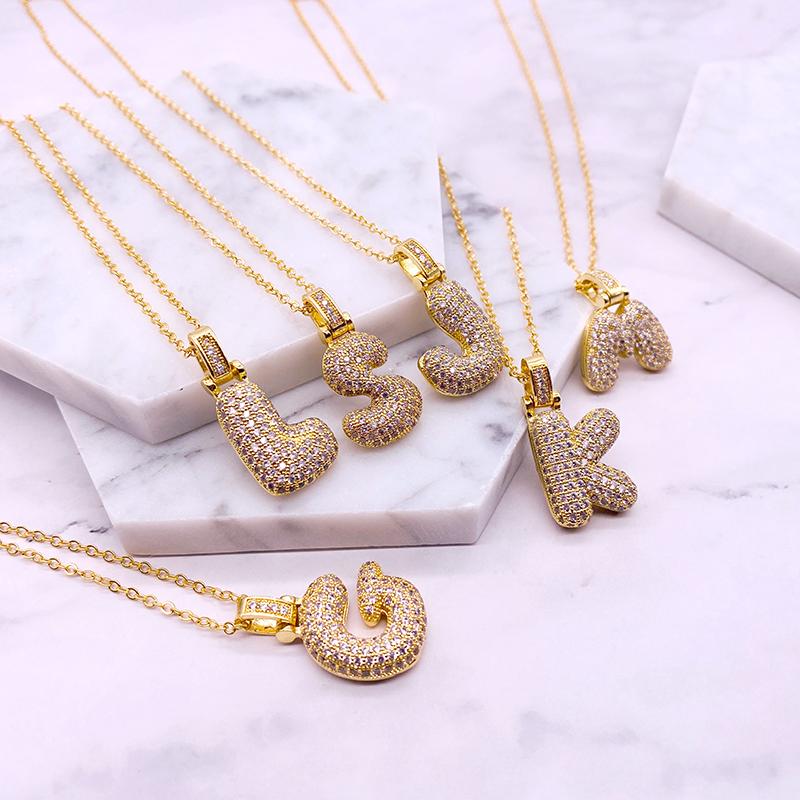 

Pendant Necklaces Hip Hop Iced Out Costom Initial Bubble Letters Necklace Micro Pave +Zircon With Gold Color O Chian DIY Jewelry, Silver