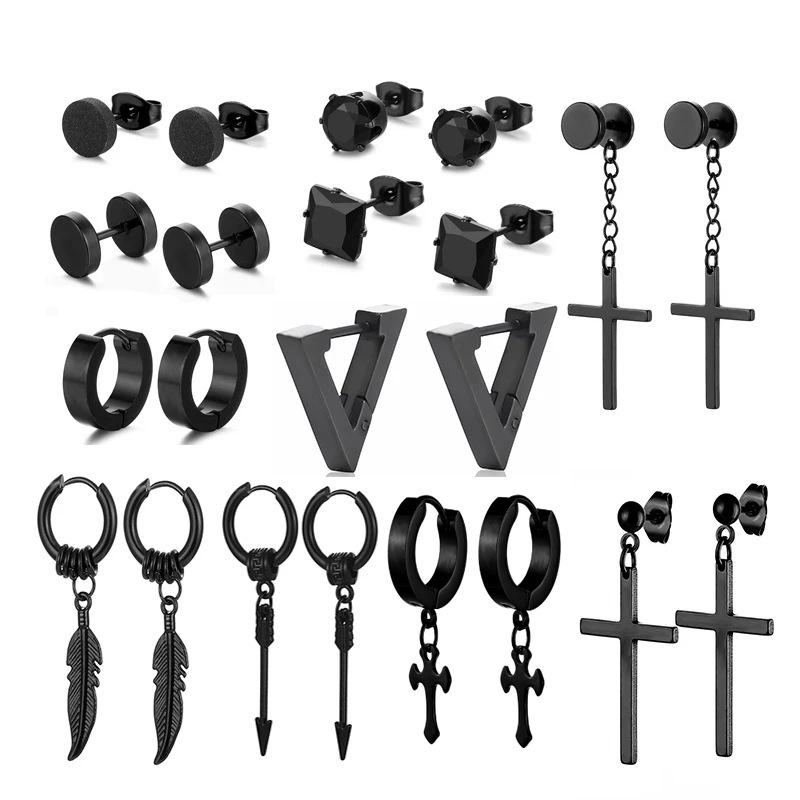 

dangle & chandelier 1 pair of titanium steel stainless earrings black perforated men's and women's punk gothic barbell earring, Silver