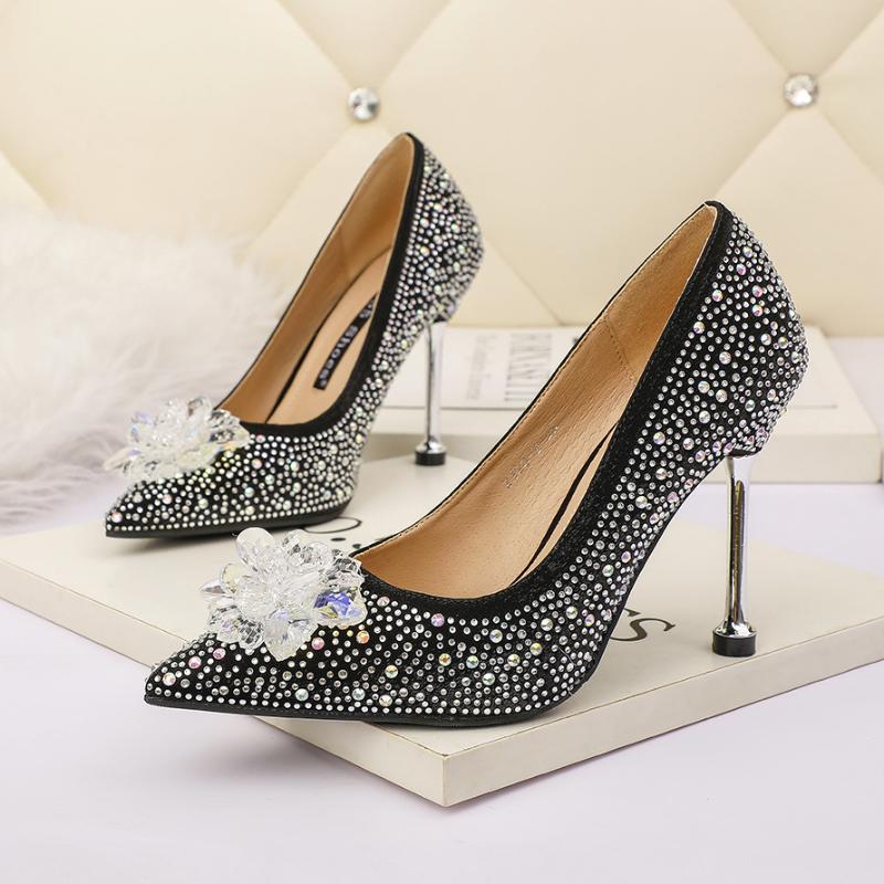 

Dress Shoes Rhinestone Pumps Women High Heels Wedding Pointed Toe Shallow Slip On Stilettos Crystal Slides Zapatos De Mujer, Black