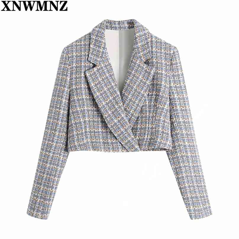 

Women Fashion Plaid Crossover Cropped Blazer Coat Vintage Long Sleeve Slits Cuffs Female Outerwear Chic Veste Femme 210520, Blue