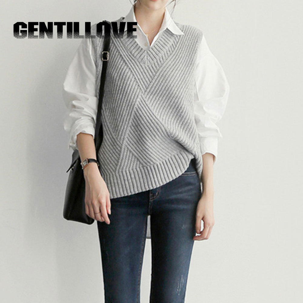 

Vintage V Neck Autumn Winter Twist Striped Vest Women Sweater Solid Sleeveless Oversized Jumper Knitted Loose Ladies Pullover, As photo