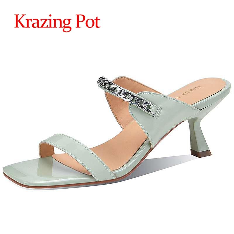 

Dress Shoes Krazing Pot Cow Patent Leather Open Toe Thin High Heels Chains French Romantic Streetwear Korean Girls Solid Slip On Women L02, Black