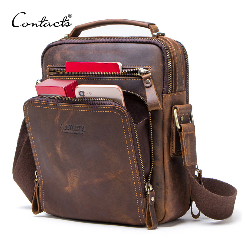 

CONTACT'S Crazy Horse Leather Men's Shoulder Bag Vintage Messenger Bags Men Bolsos Male Crossbody Bags Man's Handbag Sling Bag, Black