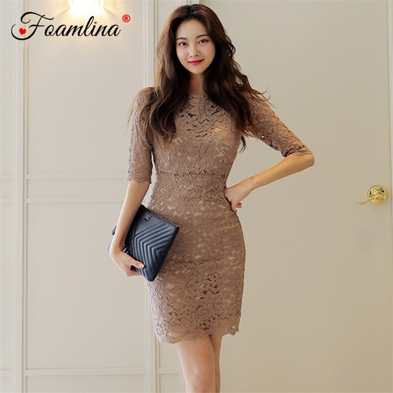 

Sexy Lace Bodycon Dress Summer Women Fashion O Neck Half Sleeve Casual Work Party Pencil Robe 210603, As picture
