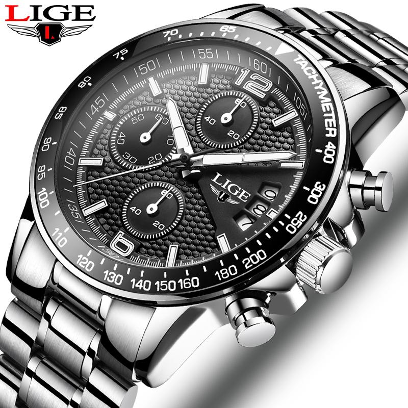 

Wristwatches 2021 LIGE Mens Watches Top Stopwatch Sports Waterproof Quartz Watch Man Fashion Business Clock Relogio Masculino, Silver black l