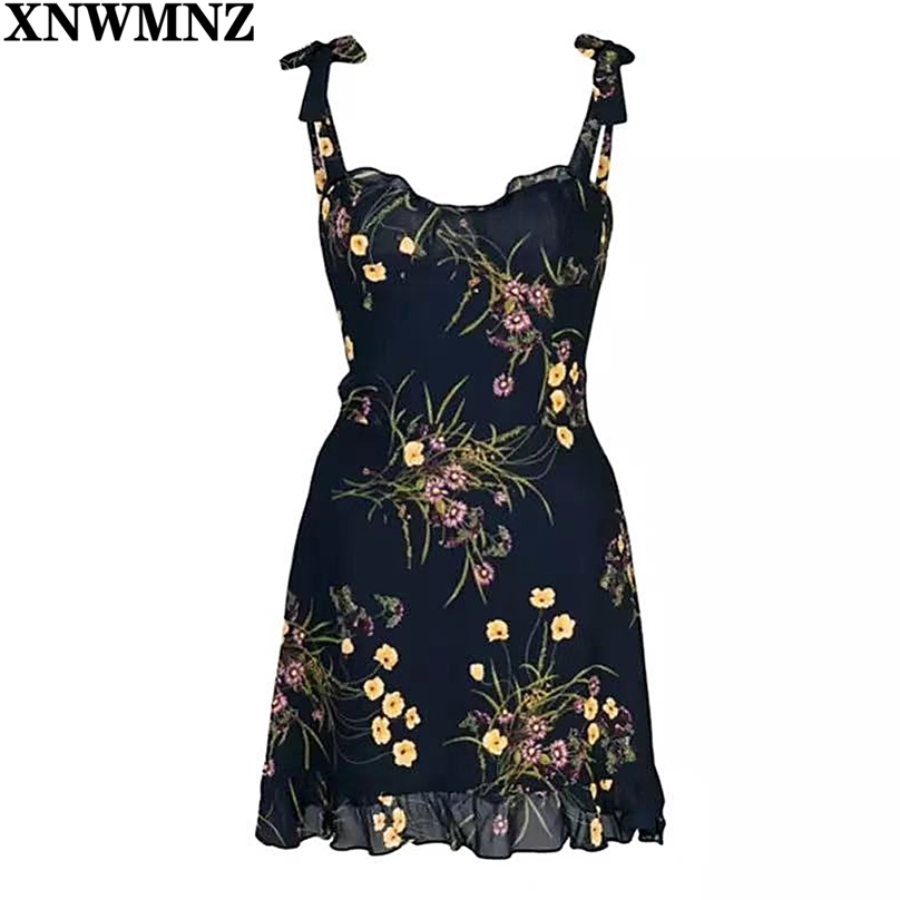 

Retro Adjust spaghetti strap women dress Chiffon vestid Chic Navy Floral Print Ruffles summer mini Dress Drop ship 210520, Navy blue