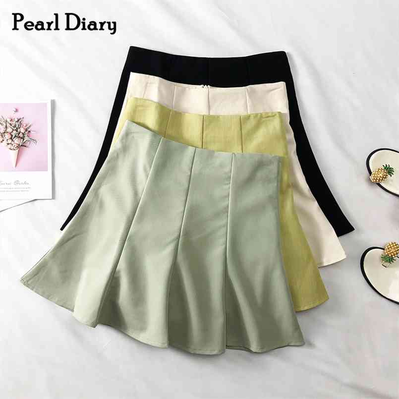 

Pearl Diary Peppy Style Skirt Campus Mini Korean Plain High Waist Goint Out Casual Flared Party 210708, Green