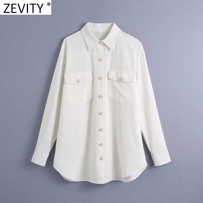 

Zevity Spring Women Vintage Double Pockets Pearl Buttons Smock Blouse Office Ladies Breasted Shirts Chic Blusas Tops LS7509 210603, As pic ls7509bb