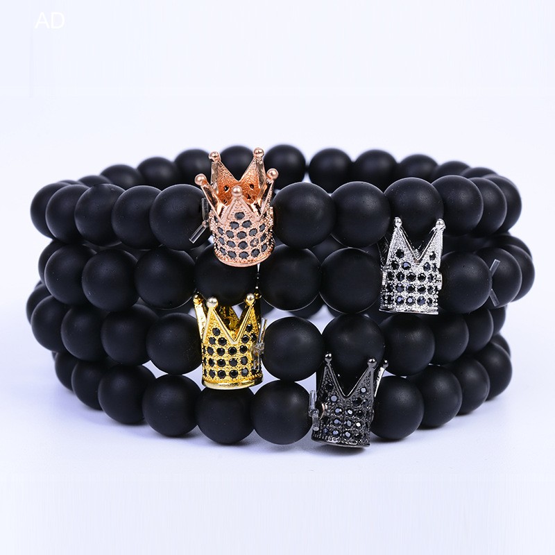 Cool 8MM Beads Strands Bracelet 18K Gold Plated CZ Micro Pave Crown Charm Bracelets-image-754399859