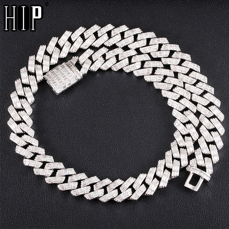

Hip Hop 15MM 3 Row Baguette Prong Cuban Chains Bling Iced Out CZ Setting AAA+ Cubic Zirconia Box Buckle Necklace For Men Jewelry X0509