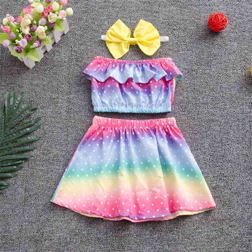 

Summer Children Sets Casual Off Shoulder Ruffles Tops Colorful Skirt Bow Hair Band 2Pcs Girls Clothes 1-7T 210629, Multi