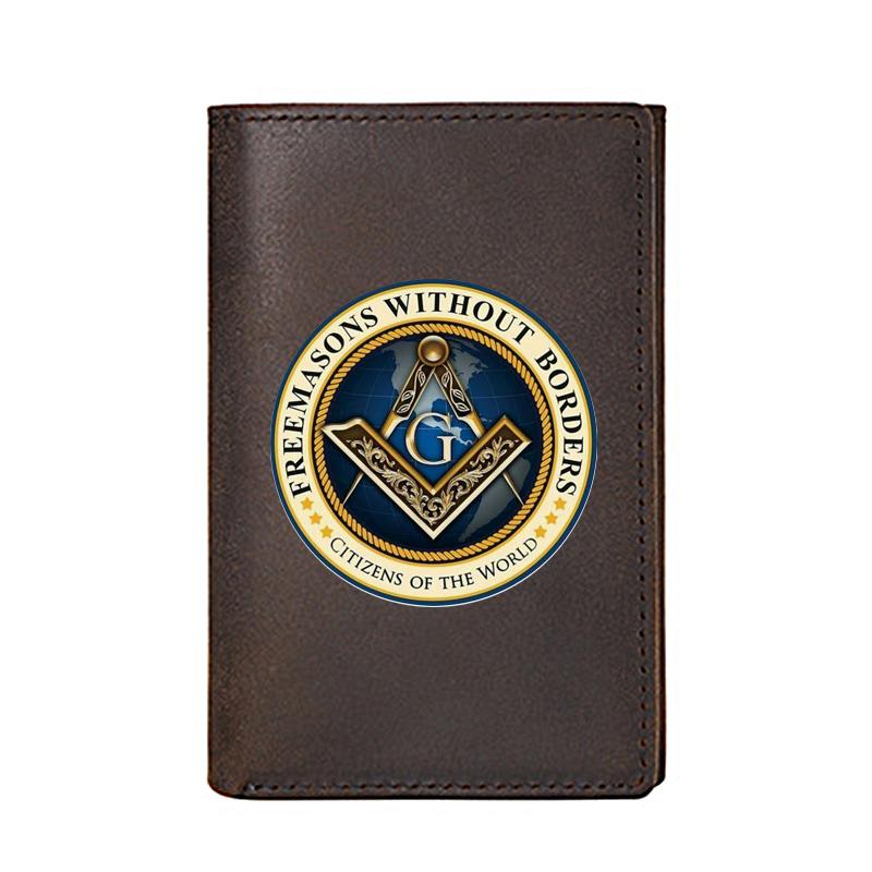 

Genuine Leather Wallet For Men Classic Freemasonry Symbol Printing Credit Business Card Holders Male Short Purse High Quality Wallets, Red;black