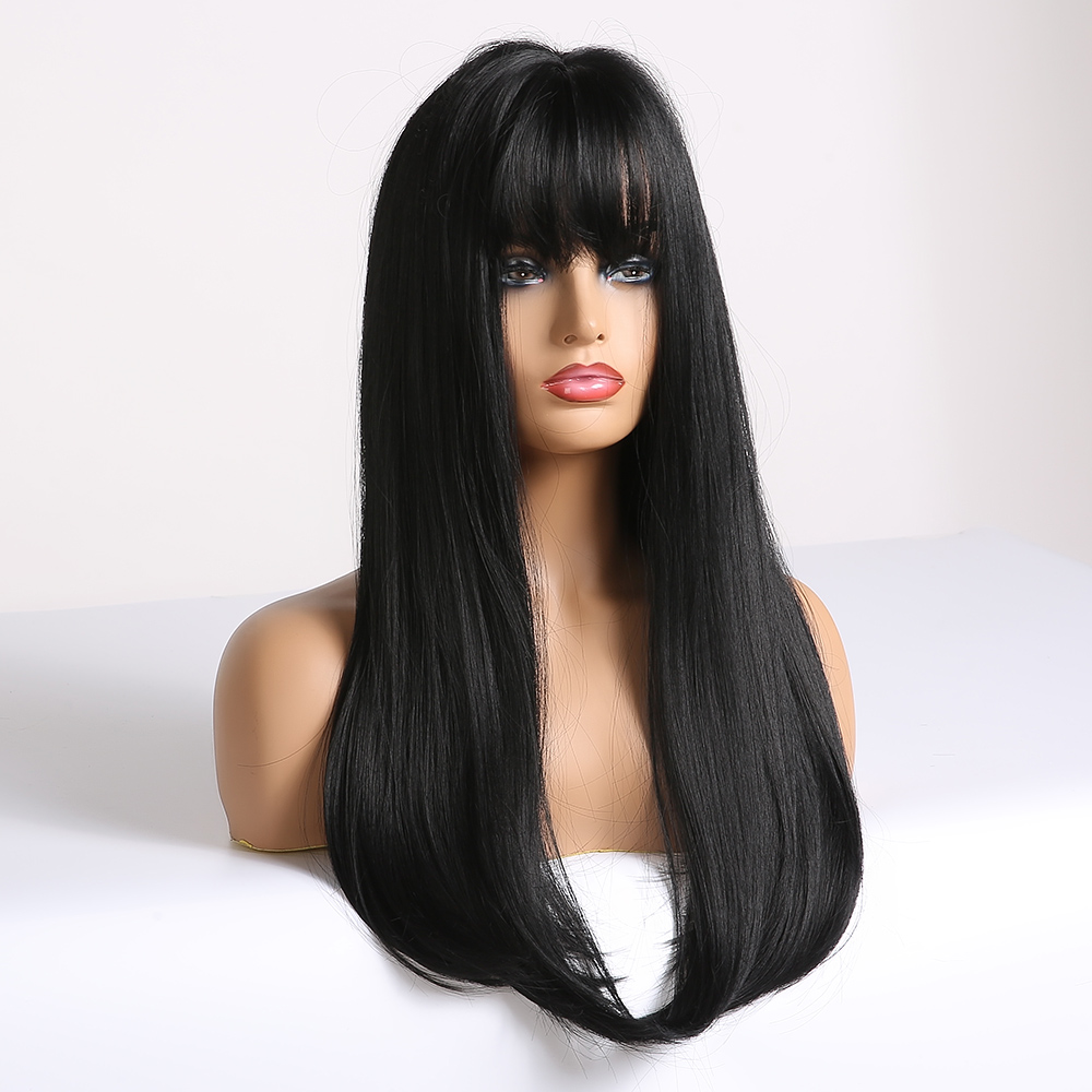 Costume Accessories EASIHAIR Long Straight Black Synthetic Wigs with Bangs Natural Wigs for Women High Temperature Fiber Cosplay Wigs Heat R-image-751020055