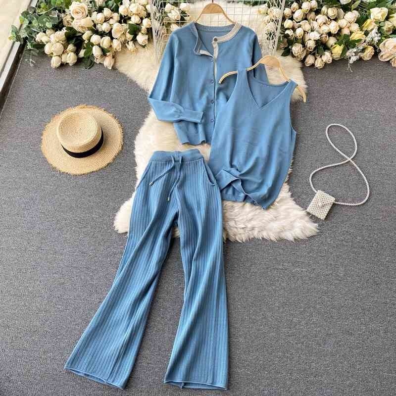 

Korean version of the round neck long-sleeved cardigan top + v-neck vest three-piece lace-up high-waist wide-leg pants 210525, Blue