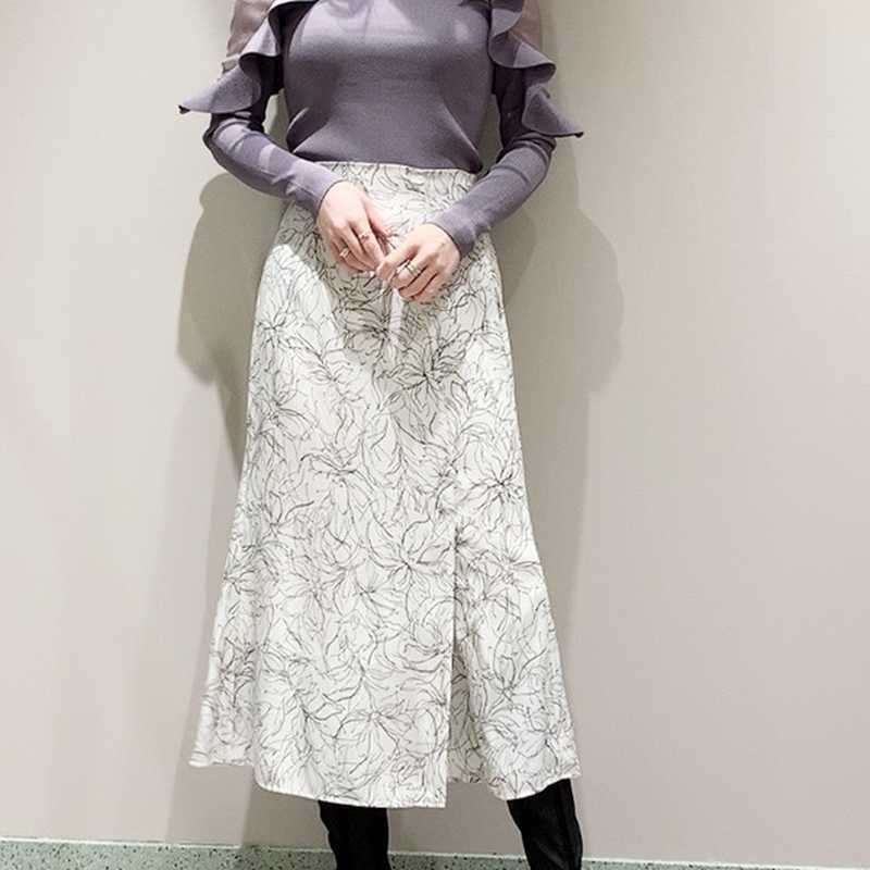 

Spring Summer Woman Skirts Chic Split Flower Print Pattern High Waist Skirt Japan Style Sweet Fashion Chiffon Jupe 210525, White