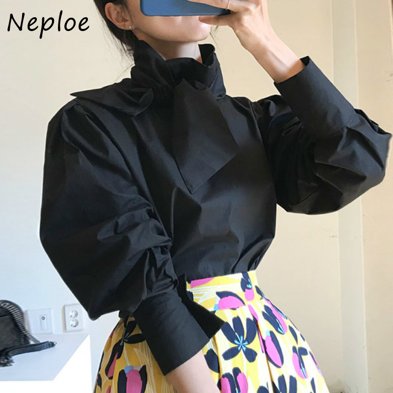 

Neploe Solid Color Puff Sleeve Women Blouse Autumn Chic Drawstring Bow Pullover Shirts 2021 Elegant Fashion Femme Blusas 1G686, Beige