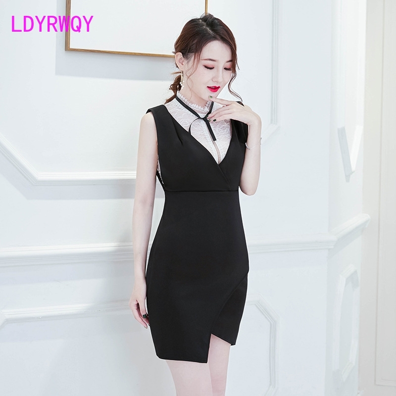 

nightclub women's sexy deep v low chest bag hip dress temperament slim waist tight female 210603, Black