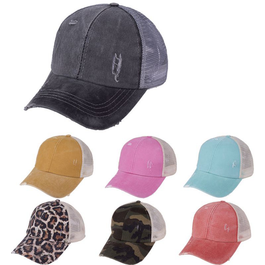 

Ponytail Hats 30 Colors Washed Mesh Back Leopard Sunflower Plaid Camo Hollow Messy Bun Baseball Cap Trucker Hat LJJO8225, As pic