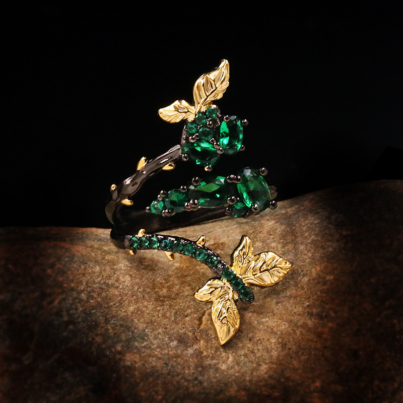 

CIZEVA Bohemia Jewelry Delicate Branch Butterfly Two-tone Black Gold Ring Female Natural Zircon Wedding Party Rings